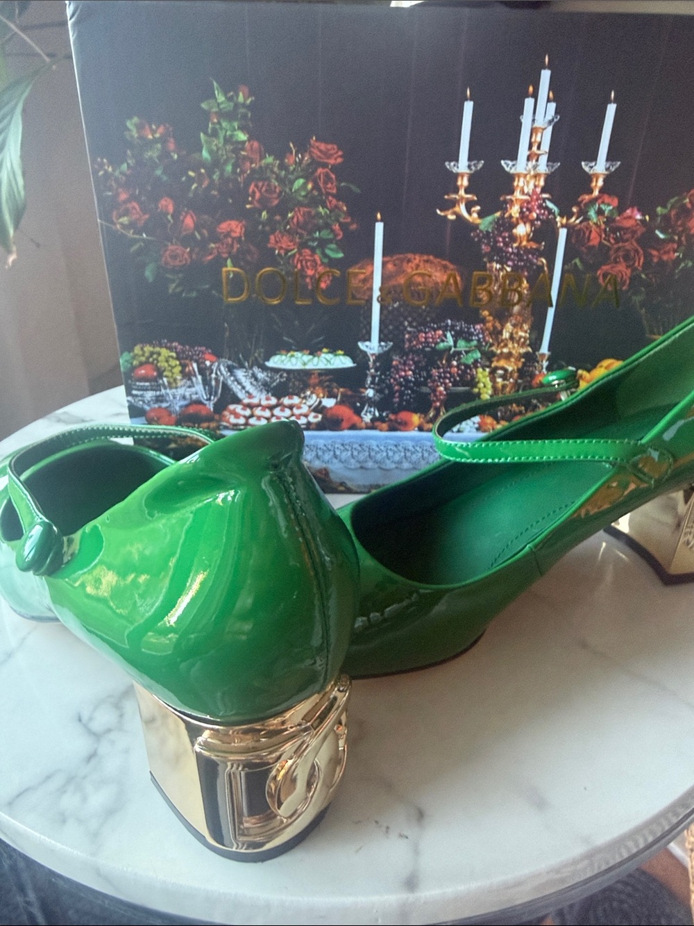 Dolce & Gabbana Green Patent Leather Slingback Heels with Gold Block Heel